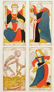 正義、禁酒、死、隠者を描いた4枚のタロットカード（色の木版画） 作： French School
