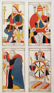 皇帝、教皇、隠者、運命の輪を描いた4枚のタロットカード（色の木版画）