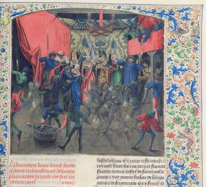 Fr 2646 f.176 Bal des Ardents、ルイ・オブ・オルレアンが1392年にFroissarts Chronicleからダンサーの衣装に火を放った後、チャールズはベリー公爵夫人に救われた 作： French School