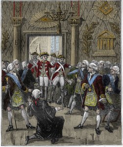1745年6月、パリのホテル・ド・ソワソンで行われたフランコ・マコネリー（Franc-Maconnerie）：フランコ・マコンの儀式は警視総監の到着によって中断されている。Paris a travers les siecles", Gourdon de Kenouillac 1880に掲載されたエングレーヴィング。.