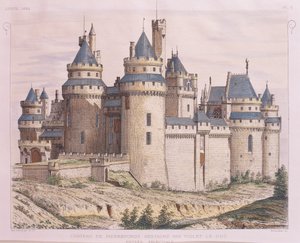フランス、ピエールフォンの中世の城、ヴィオレット・ル・デュックが修復したもの、Moniteur des Architectesより、エングレービング 作： French School