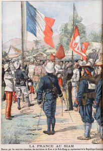 シャムとフランスの間で合意された1904年の条約の後、シャムのクラートとコーコンの領土を占領するフランス、「Le Petit Journal」1905年2月号のイラスト（彫刻 作： French School