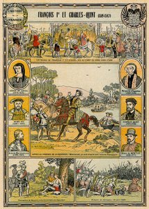 フランスのフランシス1世と神聖ローマ皇帝シャルル5世、「フランスの歴史」のイラスト 作： French School
