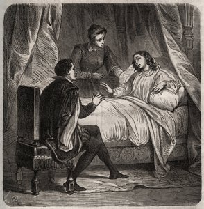 病床のシャトーブリアン伯爵夫人フランソワーズ・ド・フォワ（1495年頃-1537年）が、フランソワ1世の付き人であるクレマン・デ・マレッツ・ディット・マロ（1496年-1544年）を迎える。アンリ・ド・コック（1819-1892）の「Histoire Des Cocus Celebres」に掲載されている1871年のエングレーヴィング。 作： French School