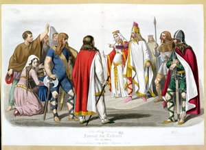 フランクとメロヴィングの衣装、レモードフランセからの歴史的なファッションプレート-Journal des Tailleurs、1836 作： French School