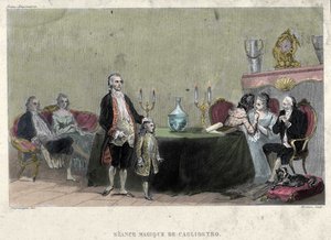 フリーメイキング。カリオストロ伯爵アレクサンダーことジュゼッペ・バルサモ（1743-1795）による魔術の降霊。F.-T. B. Clavelの "Picturesque Histoire de la Franc Maconnerie et des Societes Secretes antique et modernes "の中の一枚の版画。B．編集者：パグネール 作： French School