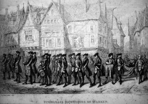 フリーメイソンイギリスの植民地行政官ウォーレン・ヘイスティングス（1732-1818）のメーソン式葬儀。F.-T. B. Clavel著「Picturesque Histoire de la Franc Maconnerie et des Societes Secretes antique and modernes」からの版画。B．パグネール編著。1843.