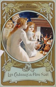 クリスマス・イブにキャンドルを持つ少女たちを描いたフランスのクリスマスカード 作： French School