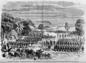 フランス植民地（セネガル）1865年。カサマンスでの遠征。ギムベリンの戦い、村の占領、敵が占領している砂丘への攻撃のエピソード。 作： French School