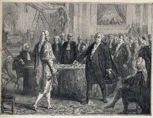 フランス革命-1789年6月23日の総会。ミラボー伯爵オノレ・ガブリエル（Honore-Gabriel）リケティ（1749-1791）の使徒アンリ・エヴラール（Henri-Evrard）、ドリュー・ブリーズ（Dreux-Breze）侯爵（1762-1829）の使徒。1889年のエングレーヴィング。個人蔵。 作： French School