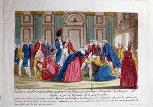 フランス革命"1789年11月15日のルイ16世とマリー・アントワネットの謁見は、1789年10月21日に民衆によって虐殺されたフランソワ・ブーランジェの未亡人に与えられた" 18世紀のエングレーヴィング。パリ、アーセナル図書館 作： French School