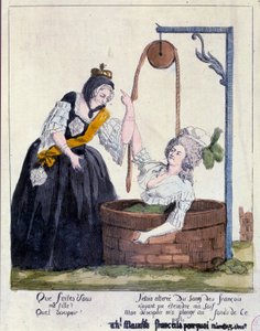 フランス革命。王妃マリー・アントワネット（1755-1793）に対する漫画は、フランス人の血への渇きを癒したいがために井戸の底に落ちた。18世紀。パリ、B.N. 作： French School