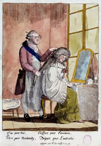 フランス革命：1791年6月20日と21日にヴァレンヌに向かった王家の逃亡を描いた漫画：国王ルイ16世と王妃マリー・アントワネットは、コルフ男爵夫人の子供たちの家庭教師という偽のパスポートで出発することになっていた。匿名コロ 作： French School