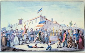 フランス革命。"民衆の形成されたマスカレードは司祭の服を着ている"。匿名の水彩画。1793.パリ、L
