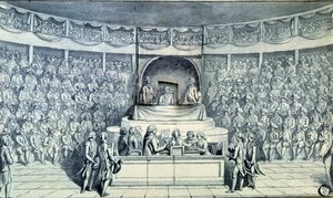 フランス革命。1793年1月21日に死刑判決を下す国民大会での裁判中、アントワーヌ・バルナヴ（1761-1793）に質問される国王ルイ16世（1754-1793）の舵取り。1793年頃の匿名のデッサン。パリ、ルーヴル美術館 作： French School