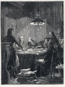 フランス革命。1793年に国民会議で設置された革命政府である公的救済委員会の会合。 作： French School