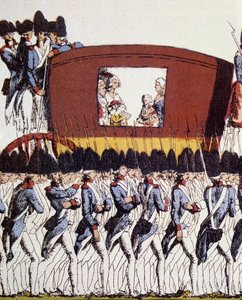 フランス革命。1791年6月20日、21日のヴァレンヌでの逮捕を経て、6月25日にパリに戻ってきた王家の人々。Eau-forte coloriee anonymous 1791 Sun.23.2x34.6 Paris, Musee Carnavalet. 作： French School