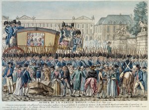 フランス革命：「1791年6月25日、王室のパリ帰還」 コンコルド広場を横切る大隊。18世紀末のフランス派のエングレーヴィング。パリ・カルナヴァレ美術館