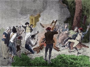 フランス革命"民衆は1792年9月、クロード・シャップの電信機をメニラマウントのサン・ファルジョー公園で燃やしたが、これは神殿の牢獄に閉じ込められた王室と通信するための装置だと信じていた" "Engraving 作： French School
