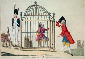 フランス革命。"何をしているのか、私は懺悔しているのだ" 国王ルイ16世（1754-1793）が1791年6月にヴァレンヌに逃れる前夜、檻の中で表している。風刺的な彫刻 パリ、アーセナル図書館 作： French School