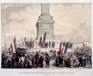 1848年のフランス革命：1848年2月25日、バスティーユ広場の7月柱のふもとでの第二共和制宣言。19世紀のリトグラフ。パリ、カルナヴァレ美術館 作： French School