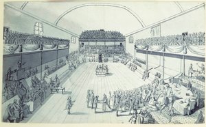 フランス革命: 1791 年 9 月の憲法の誕生は、1789 年 6 月 20 日に代議員が宣誓を行ったベルサイユのジュ ド ポームの部屋で、ガイ ジャン バティスト ターゲット (1733-1807) によって再消化されました。 1791年頃の無名のドローイング。パリ、ルー 作： French School