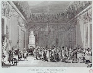 フランス革命：1799年6月18日、エマニュエル＝ジョセフ・シエイス師（1748-1836）のクーデター（または評議会の復讐）を引き起こし、テルミドール派の数人の長官が解任された7年目プレーリアルの28日、29日、30日の日。エングレーヴィング 作： French School