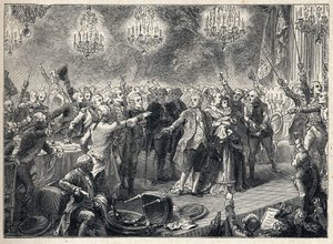 フランス革命：1789年10月1日にヴェルサイユ宮殿のオランジュリーで開催された護衛隊の宴で、王妃マリー・アントワネット（1754年～1793年）と王ルイ16世（1754年～1793年）、そしてイルカの前で、王党派の人々が王政への忠誠を誓う-。 作： French School