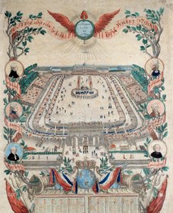 フランス革命：1790年7月14日、シャン・ド・マルスでの国民連盟の祝宴の様子。1790年のエングレーヴィング。パリ、国立公文書館 作： French School