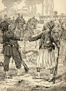 イタリアのパレストロの戦いの後、フランス軍とサルデーニャ軍の兵士がオーストリア軍に対する勝利を祝って握手を交わしている 作： French School