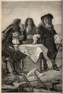 1687年、ルイ14世の要請により、フランス人建築家ヴォーバンがベルフォール（フランス東部）の要塞化計画を作成 - Sebastien Le Prestre de Vauban donnant les plans des fortifications de Belfort - engraving in "PATRIE" - DESCRIPTION PECTUREQU 作： French School