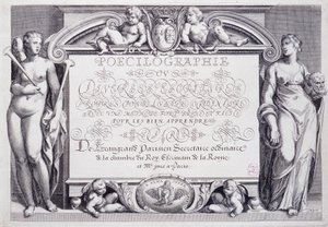 フランスのカリグラフィー。1606年にバティスト・ドゥ・ボーグランが描いた「ポエシログラフィー」（表装）。 作： French School