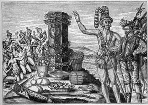 アメリカのフランス植民地。1564年にスペインがフランスのプロテスタント植民地を攻撃したことを記念して、ルネ・ド・ロドニエールが製作した記念柱が、フロリダの人々に愛されている。16世紀に描かれた版画より。"La Marine et les colonies: commerce "より