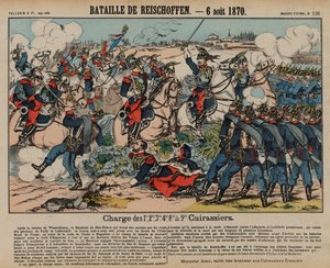 ライヒスホーフェンの戦いでプロイセンの歩兵に突撃するフランスの手兵、普仏戦争、1870年8月6日（彩色済み彫刻 作： French School