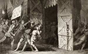 1840年頃に出版されたコラートの「フランスの歴史」から、フランスの騎士が100年戦争の間にイギリスが開催した都市を攻撃 作： French School