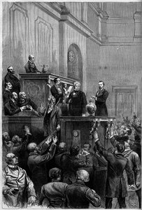 1879年1月30日のフランス大統領選挙：マック・マホン(Mac-Mahon)の辞任を受けて、議会の議員が新しい共和国大統領を選出するために投票を行った。彫刻では、ジュール・アルマン（Jules-Armand）・デュフォーレ（1798-1881）が投票用紙を入れている様子が描かれている 作： French School