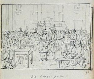 フランス革命：1793年のブルターニュ地方の徴兵風景。パリ、カルナヴァレ美術館（Musee Carnavalet 作： French School
