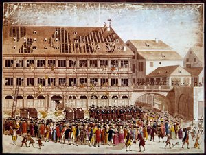 フランス革命：1789年7月20日、ストラスブール市庁舎の略奪。匿名のプリント。パリ、B.N. 作： French School