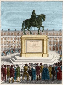 フランス革命：パリのヴァンドーム広場にあるルイ14世（1643-1715）の銅像が倒される。 作： French School