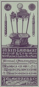Aikin Lambert社のペン、ペン立て、プロペリングペンシルの広告を掲載したフランスのトレードカード(リトグラフ) 作： French School