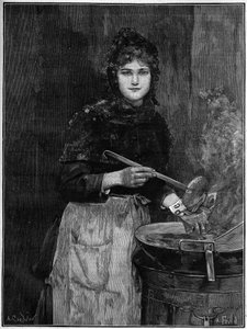 フライドポテトの販売店。1888年、アキレス・フォアルドの絵からの彫刻。 作： French School