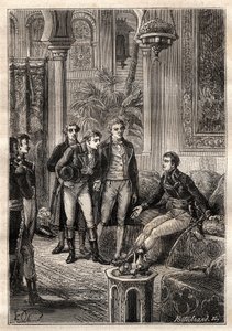 フリードリヒ・コンラッド・ホルネマン（1772-1801）は、1797年にカイロでガスパール・モンジュ（1746-1818）とクロード・ルイ・ベルトレ（1748-1822）の立ち会いのもと、ナポレオン・ボナパルトと面会した-イラストは "The Great Mariners of 18 century "より引用 作： French School
