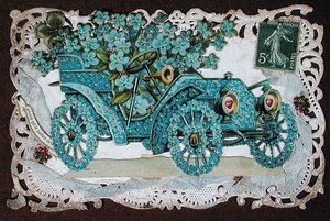 花で覆われた車が描かれた友情のグリーティングカード 20世紀初頭（カラーリトグラフ）