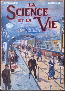 1923年9月、パリ地下鉄の動く歩道のプロジェクトを描いた「La Science et la Vie」の表紙（カラーリトグラフ版） 作： French School