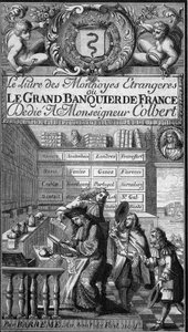 フランスの数学者Francois Barreme（1638-1703）の "Livre des monnoyes etrangeres ou le grand banker de France"（1687年）の表紙。ペンで書かれた文字は、おそらく著者の肖像であろう。"Le Magasin picturesque "のエングレーヴィング。