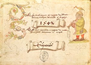 1542年、鳥の頭に管楽器を演奏する眼鏡をかけた男を描いたレキュイユデチャントreligieux et profanes IXの前絵 作： French School