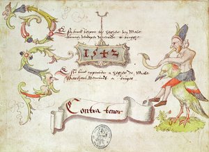 曲がった管楽器を演奏する男、鳥に乗る男、反テナーパート、1542年を描いたレキュイユデチャントreligieux et profanes IIの正面 作： French School