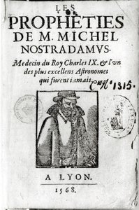 リヨン1568年に出版されたノストラダムスの肖像画を含むレプロフェティドM.ミシェルデノストラダムス（1503-66）の口絵 作： French School