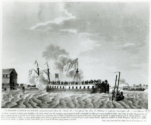 1812年の戦争でニューヨークを防衛するためにロバートフルトンによって設計および製造されたフルトンスチーム駆動の軍艦、フルトンザファースト（19世紀初めの彫刻のbw写真）
