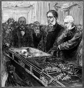アメリカ大統領ジェームズ・エイブラム・ガーフィールド（1831-1881）の葬儀。ワシントン議事堂のドームの下で棺の前に立つ、後任のチェスター・アラン・アーサー（1830-1886）とブレイン長官。Le Monde Illustré "の1282号に掲載された図版 作： French School